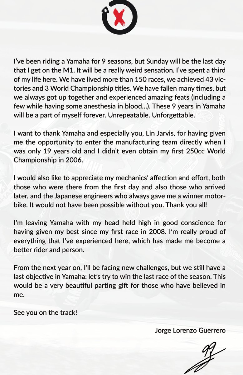 Прощальное письмо Хорхе Лоренсо для Yamaha